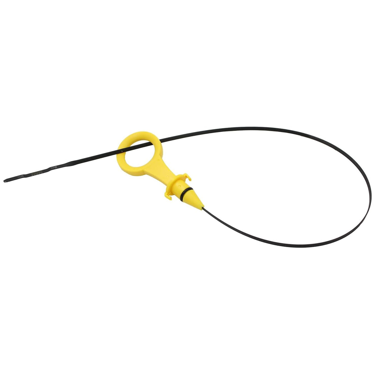 Yellow engine oil dipstick with loop handle and long black shaft