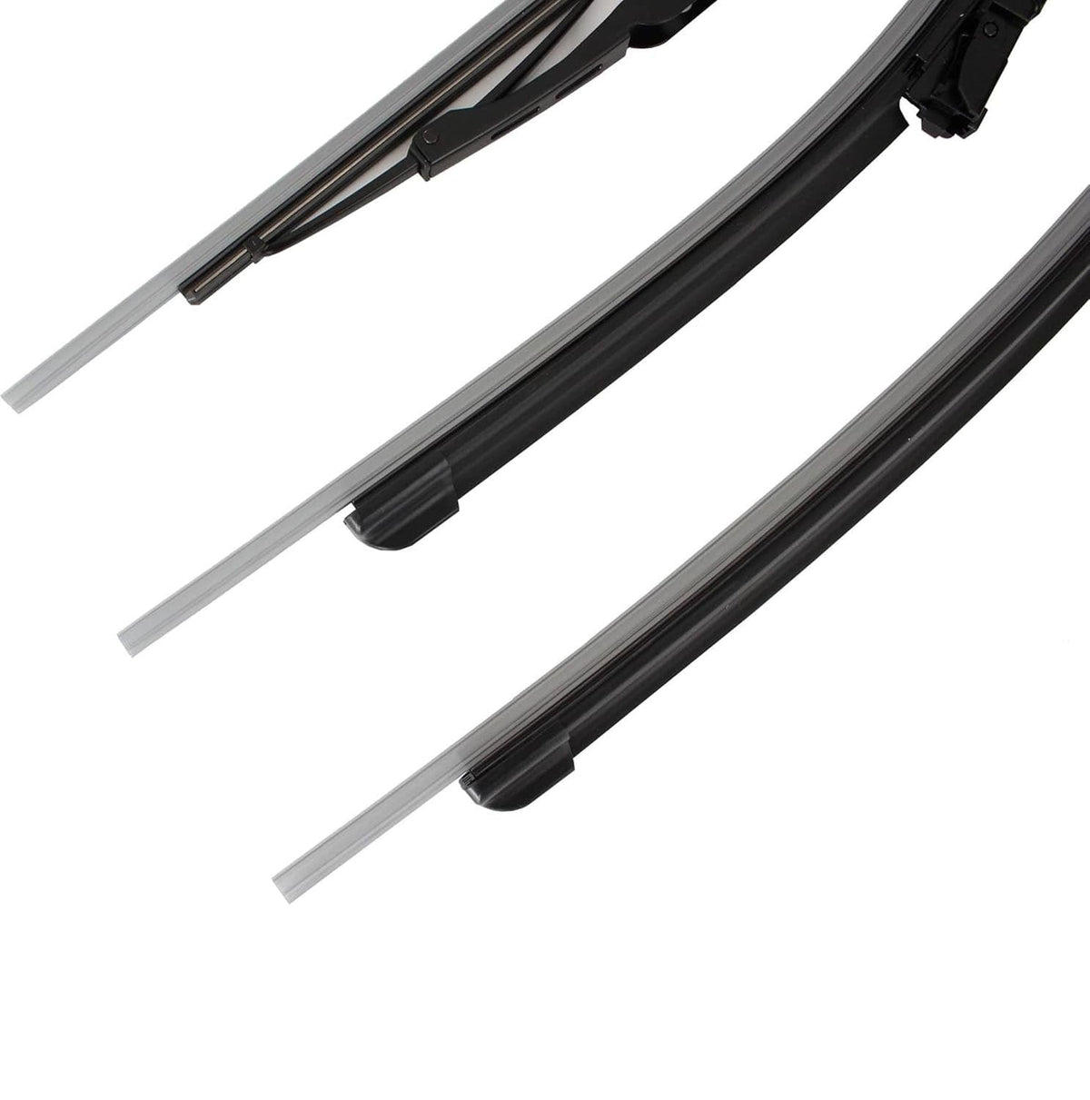 Black windshield wiper blades with spring-loaded frame, three-piece set