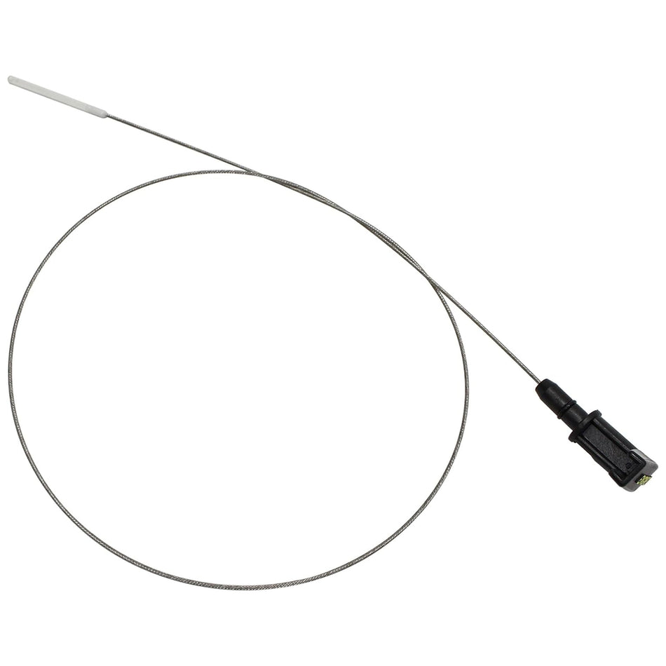 Engine oil dipstick with long metal probe and black plastic handle
