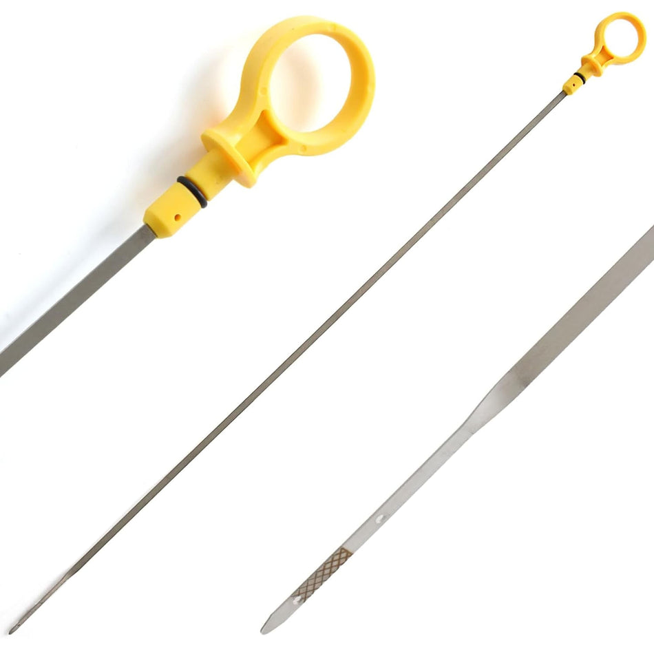 Engine oil level dipstick with yellow pull-ring handle and long metal shaft.