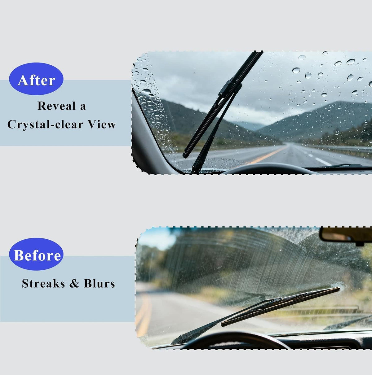 Windshield wiper blade set with black rubber blades shown on a rain-covered windshield