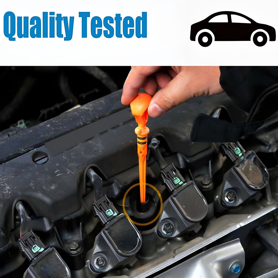 Honda Civic engine oil dipstick held by hand near the engine
