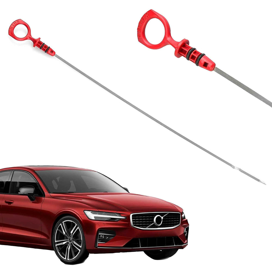 Volvo oil dipstick indicator shown in two angles; red loop handle, long gray rod