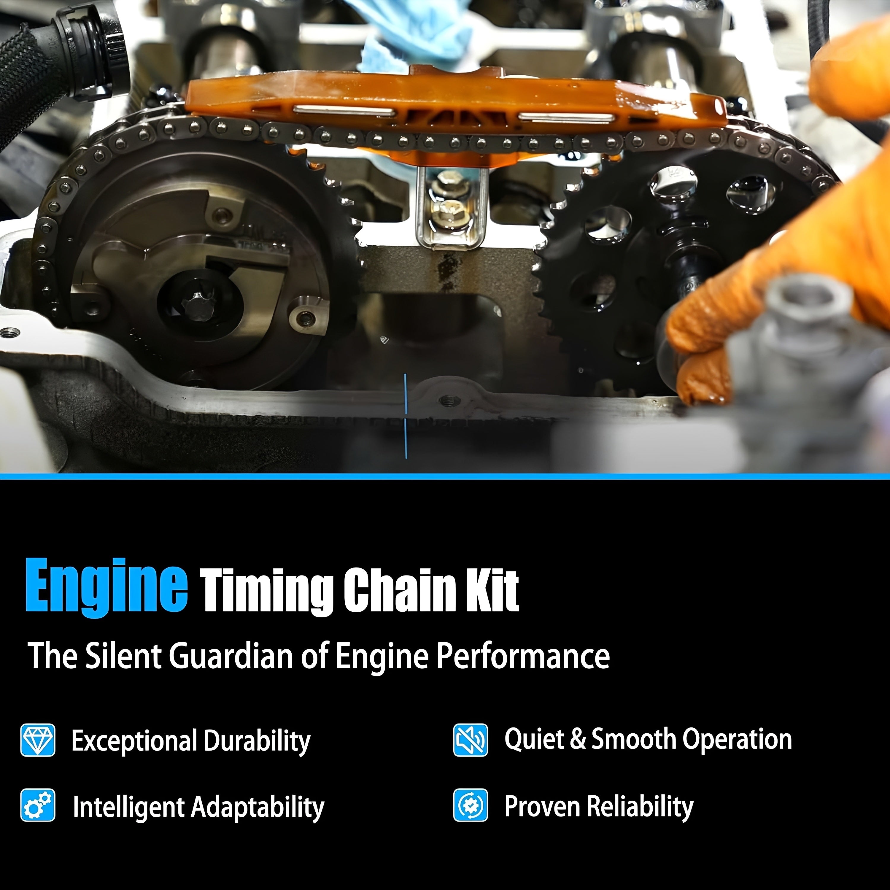 Timing chain kit installed on engine with timing chain, sprockets, and guides