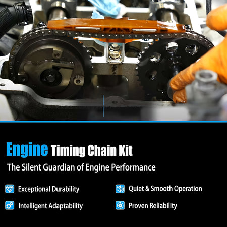 Timing chain kit installed on engine with timing chain, sprockets, and guides