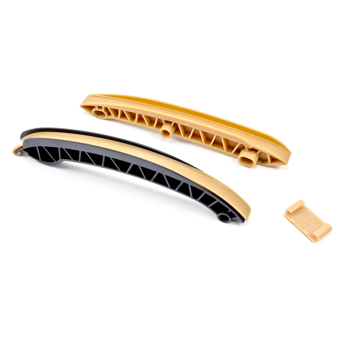 Timing chain guide rails, two-piece set with beige housings and black inserts
