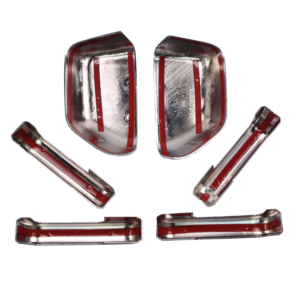Chrome mirror and door handle covers with red backing, reflective 6-piece set
