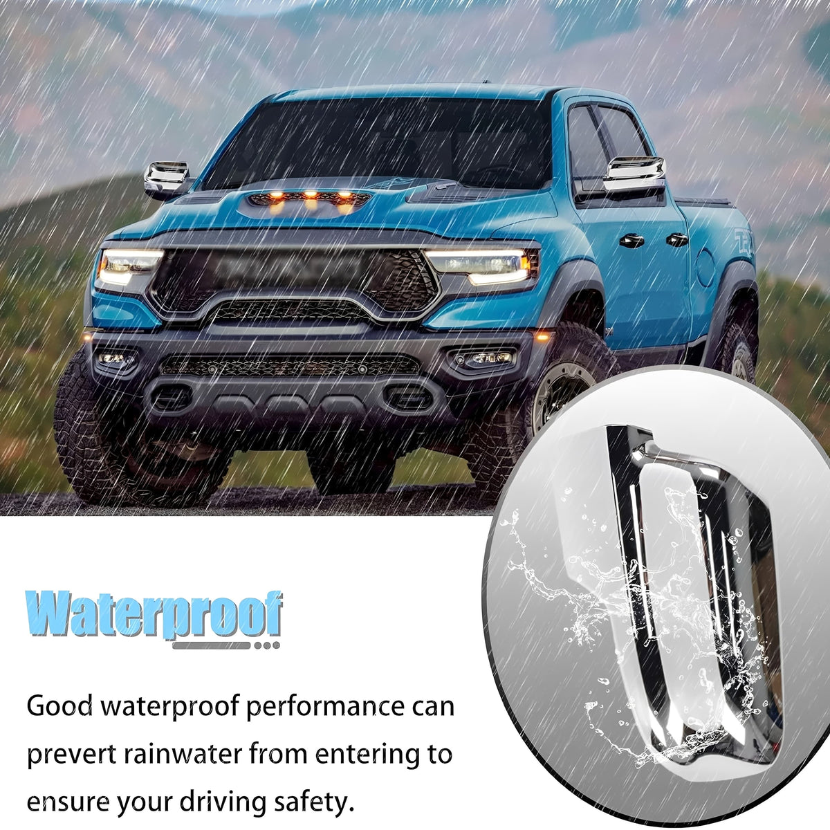 Chrome door handle cover detail on a blue pickup, with water-resistant inset.