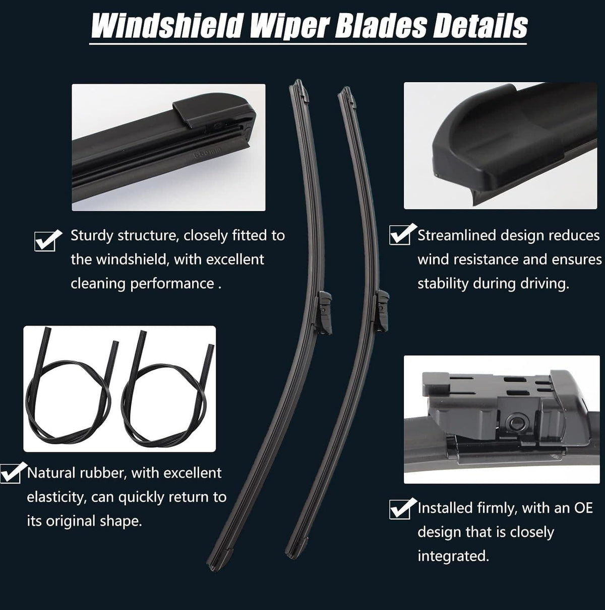 Windshield wiper blade pair with black rubber and streamlined design