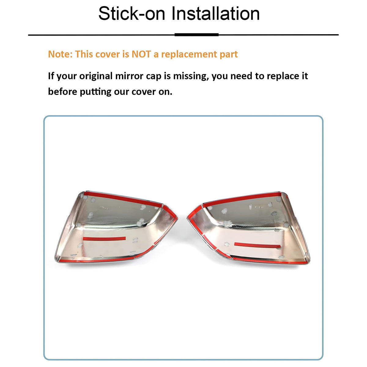 Pair of glossy chrome ABS stick-on side mirror covers with dark reflective inserts