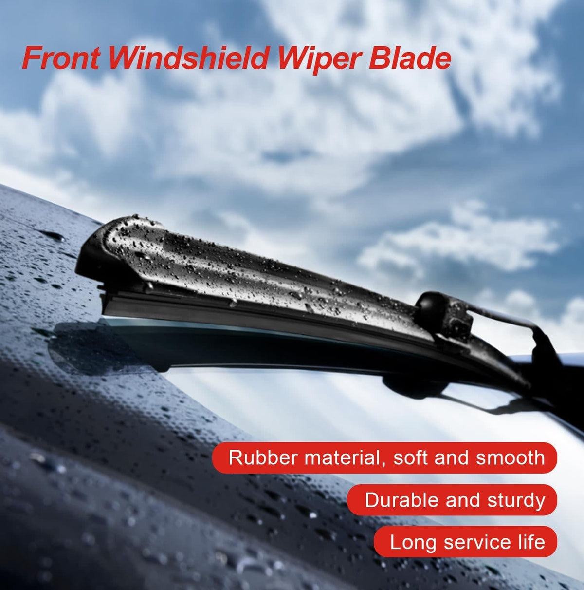 Black windshield wiper blade with rubber edge, on wet car glass