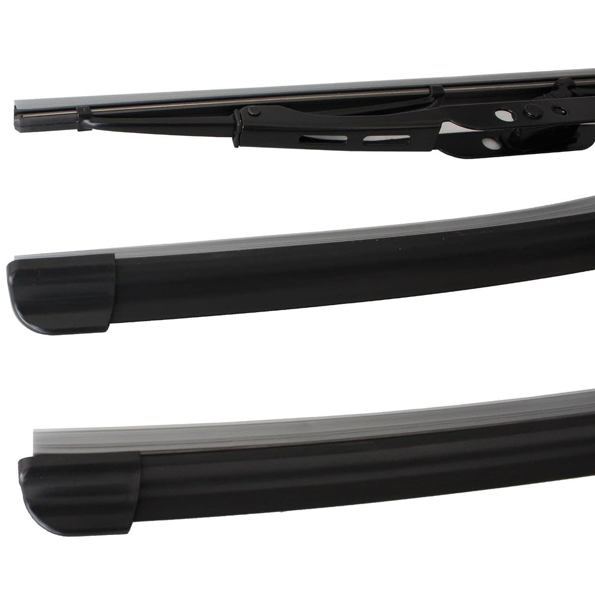 Black wiper blades with curved rubber edge and hinge-style connection