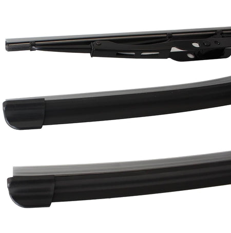 Black wiper blades with curved rubber edge and hinge-style connection