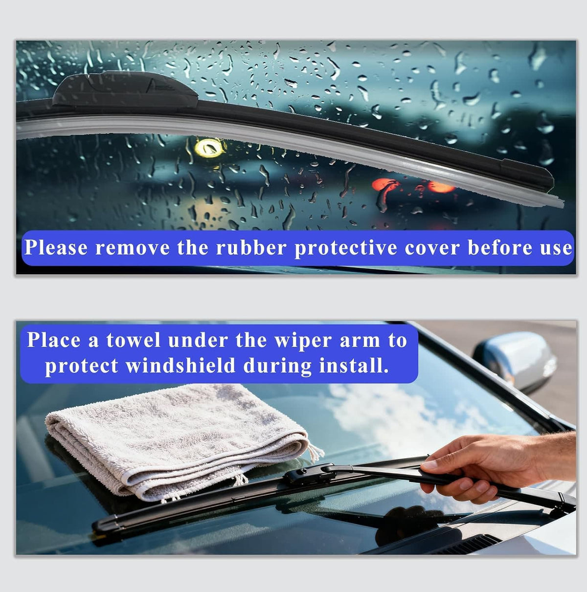 Windshield wiper blades on a car glass surface with droplets and a hand installing