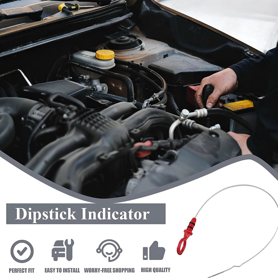 Volvo oil dipstick indicator near engine components; red handle with gray rod