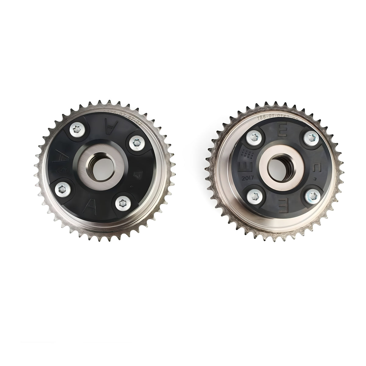 Timing chain sprocket gears, two-piece set with circular bolt holes
