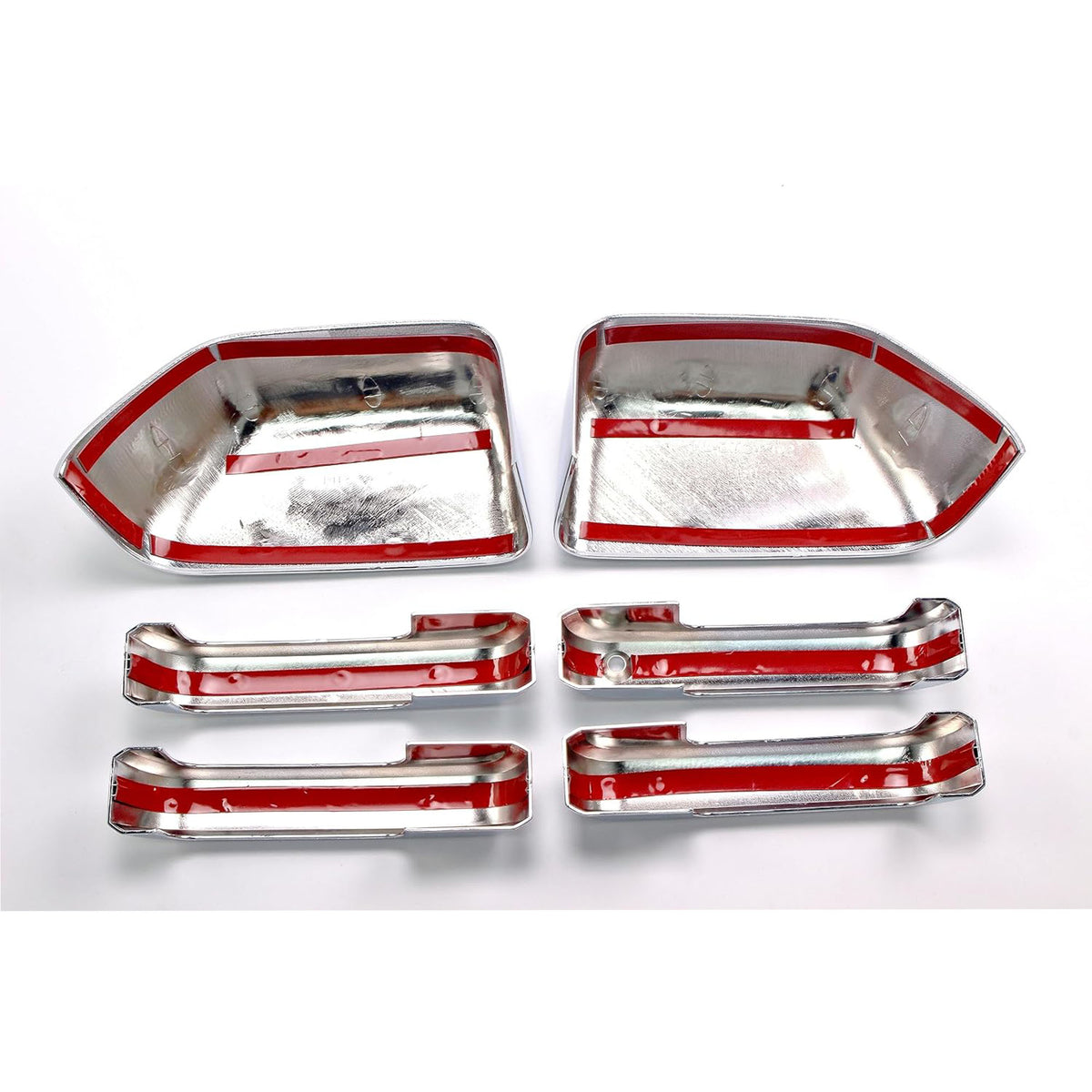 Chrome mirror and door handle covers with red tape, reflective 6-piece set