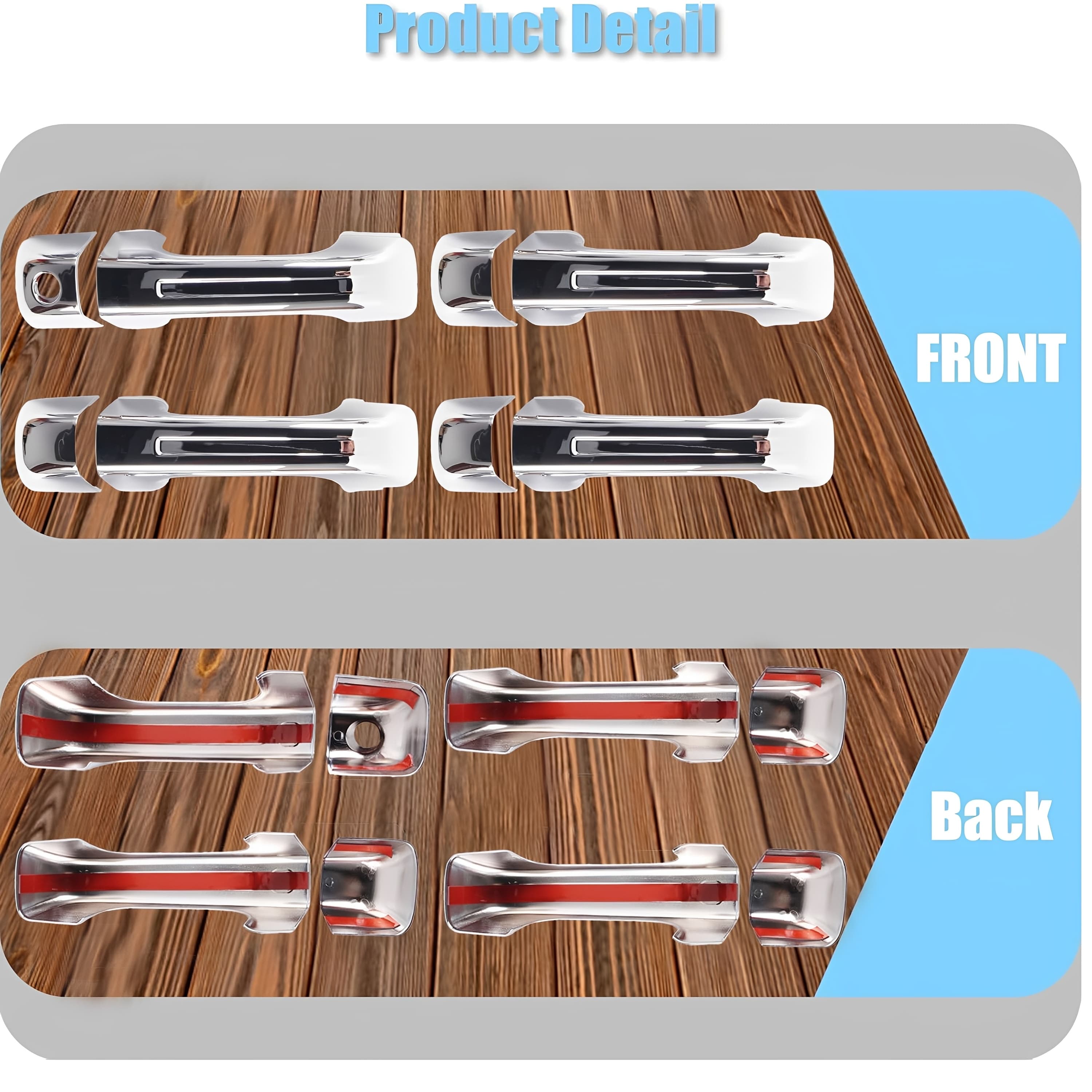 Chrome door handle covers front and back pieces, product detail on wood surface.