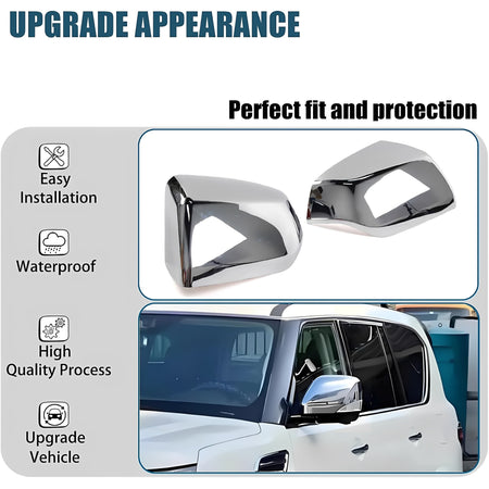 Two glossy chrome side mirror covers with dark reflective lens panels