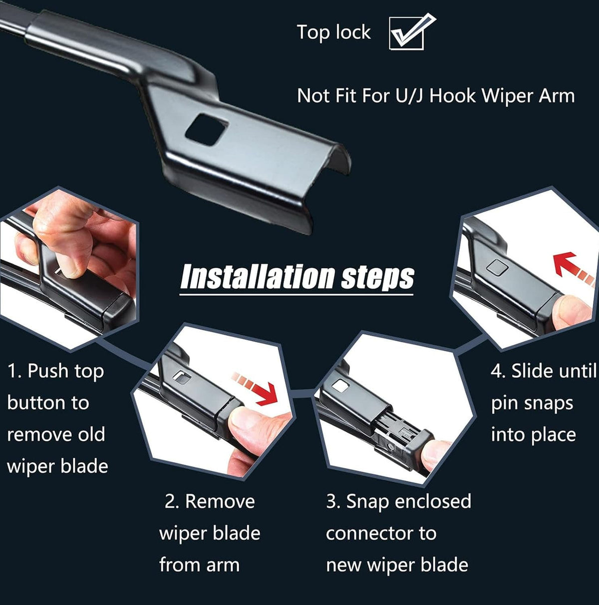 Windshield wiper blade with top-lock connector shown for quick installation