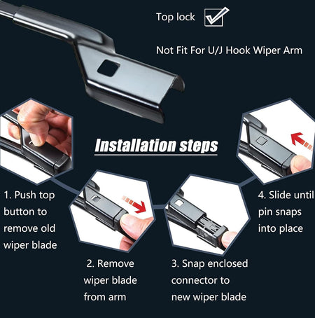 Windshield wiper blade with top-lock connector shown for quick installation