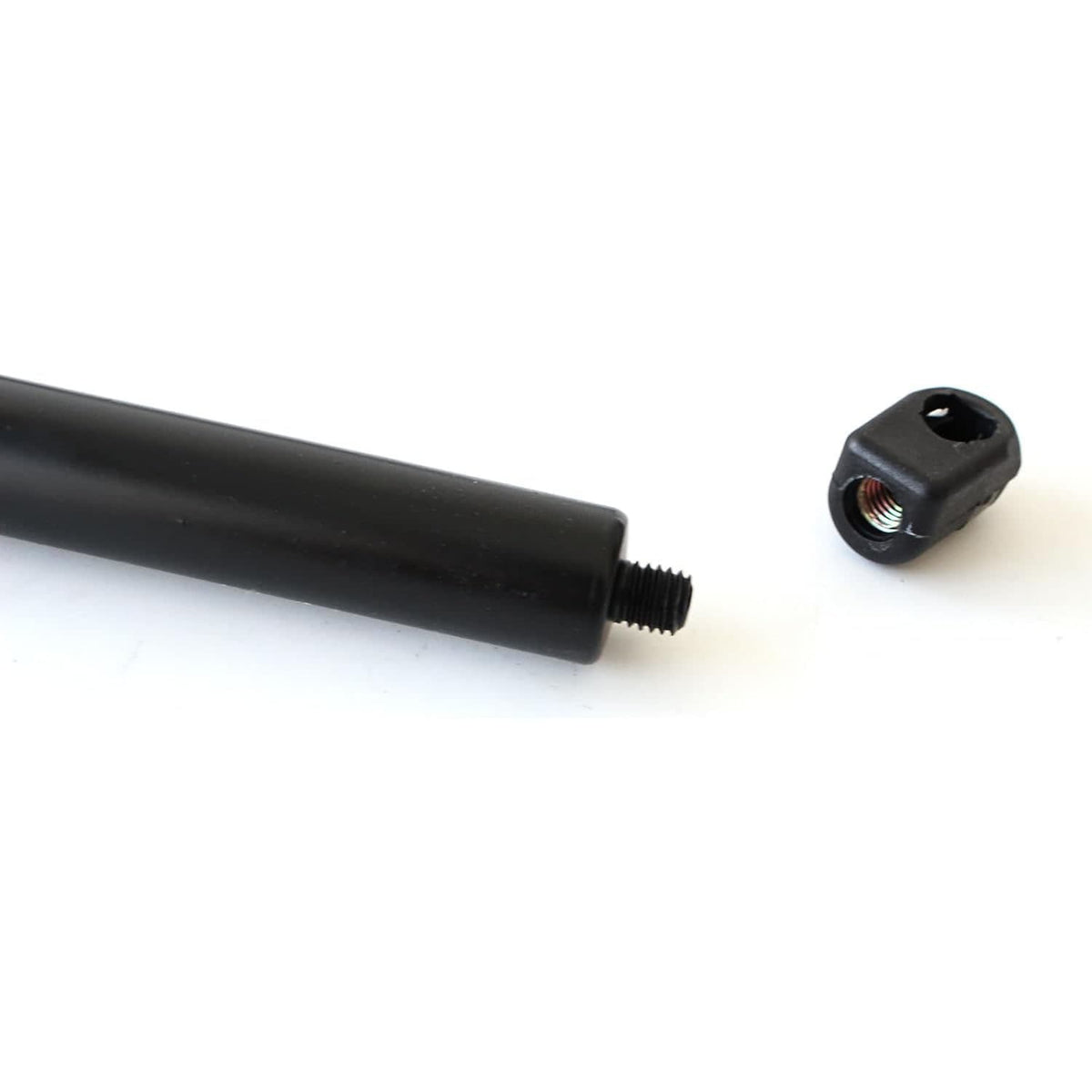 Black hood lift support cylinder with threaded rod end and round mounting port
