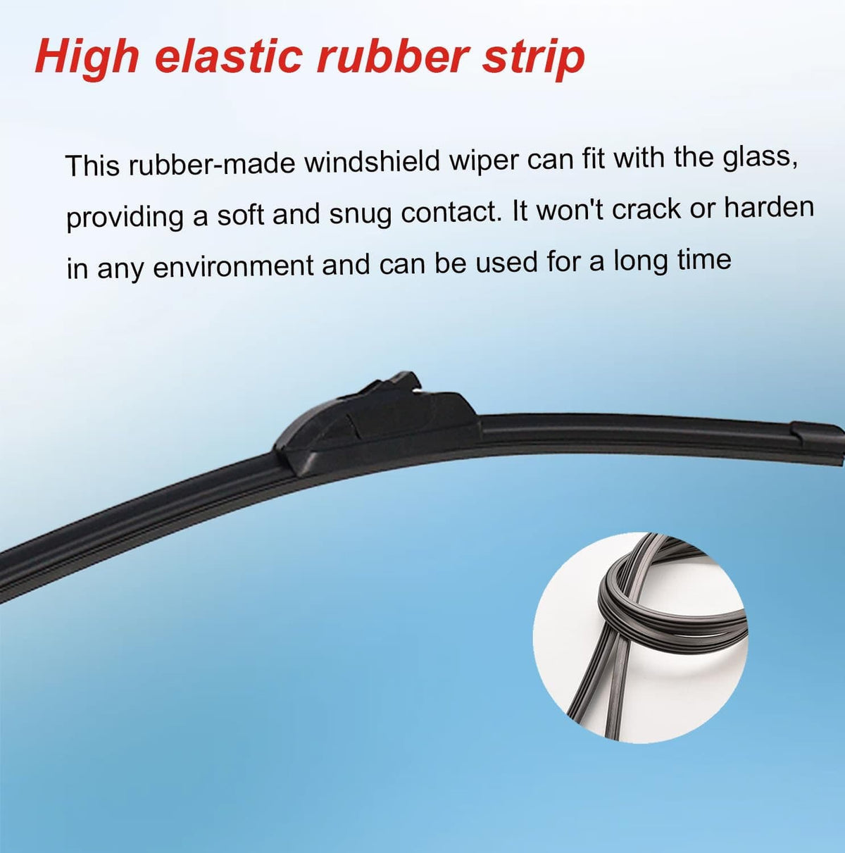 Black windshield wiper blade with curved rubber strip, close-up profile