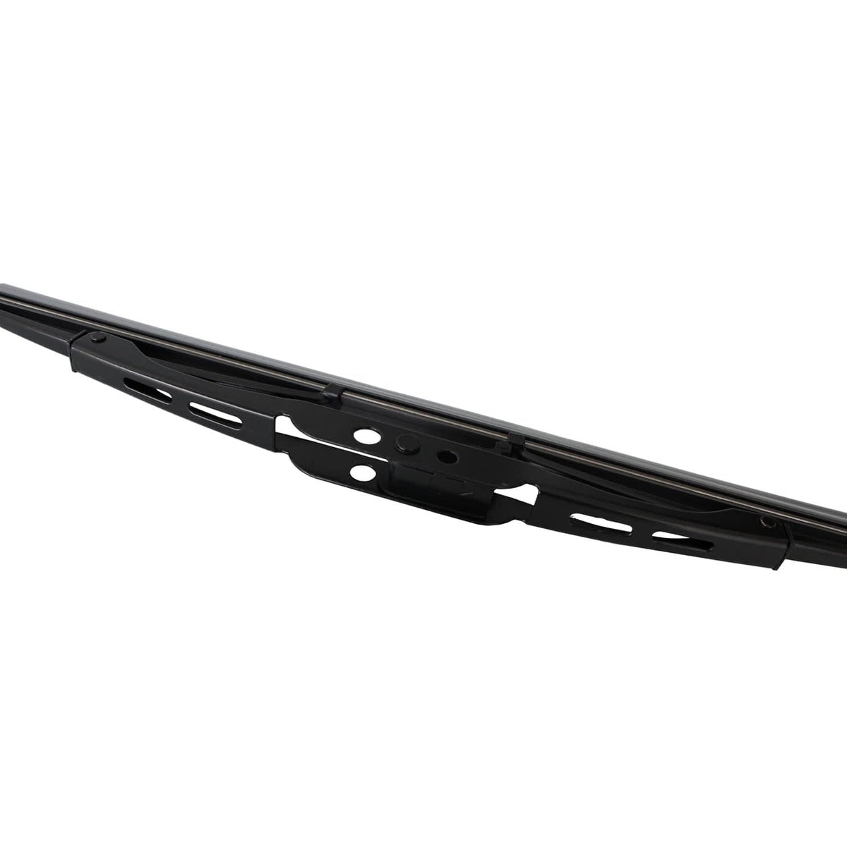 Black beam-style wiper blade with perforated metal mounting bracket