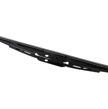 Black beam-style wiper blade with perforated metal mounting bracket