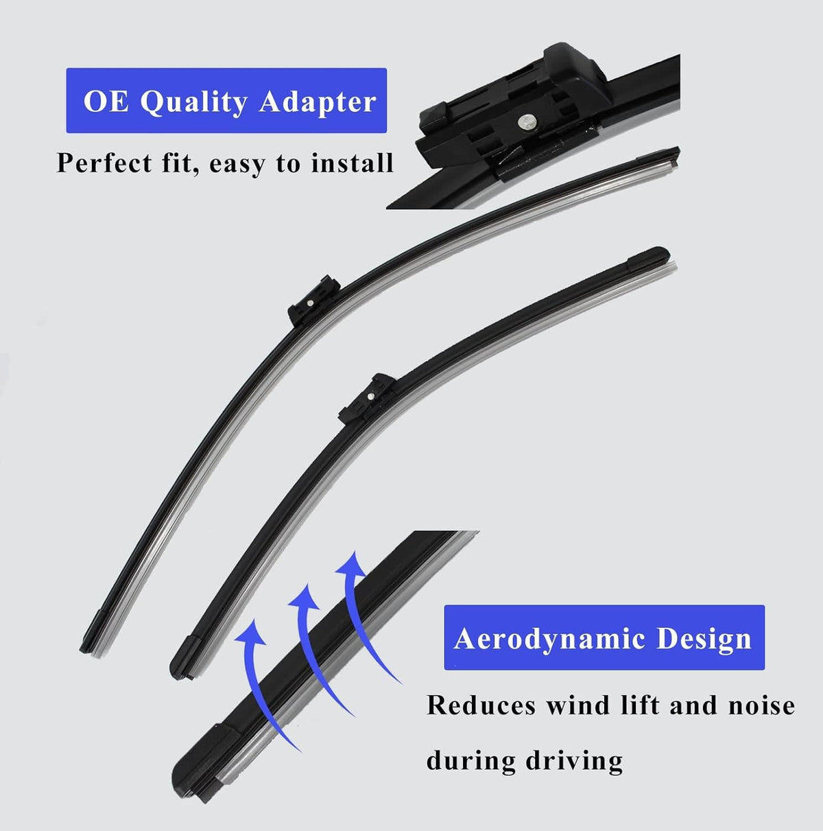 Windshield wiper blades with black mounting adapters and aerodynamic curved design