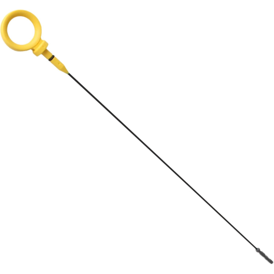 Engine oil dipstick with round yellow loop handle and long black shaft, slim tip end