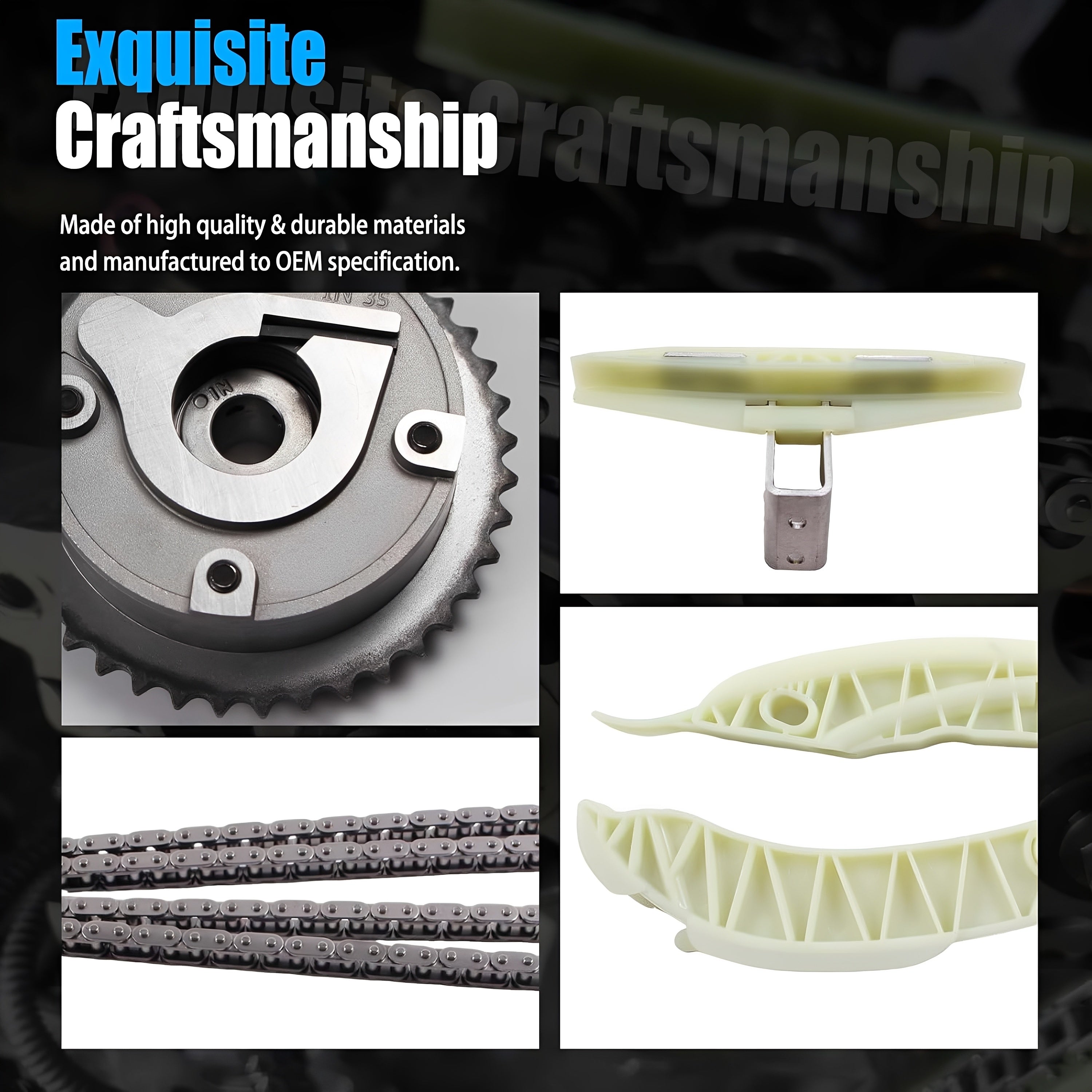 Timing chain kit sprocket and chain guide set with close-up of guide channels