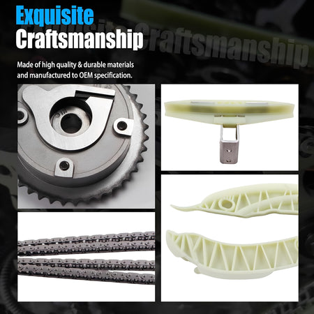 Timing chain kit sprocket and chain guide set with close-up of guide channels