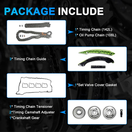 Timing chain kit package includes: timing chain, oil pump chain, guides, tensioner, gasket, gears