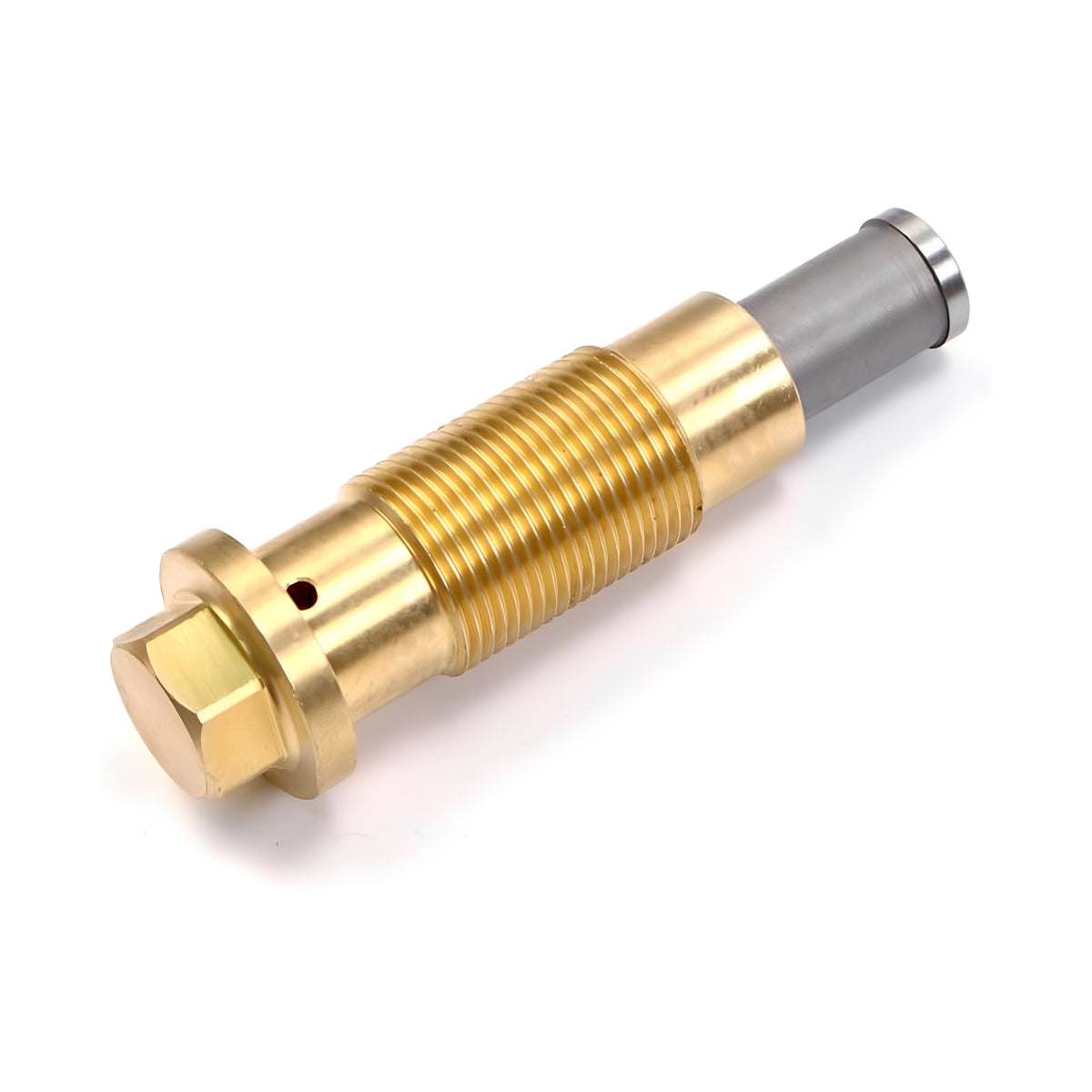 Timing chain tensioner bolt with gold threaded shaft and silver metal housing