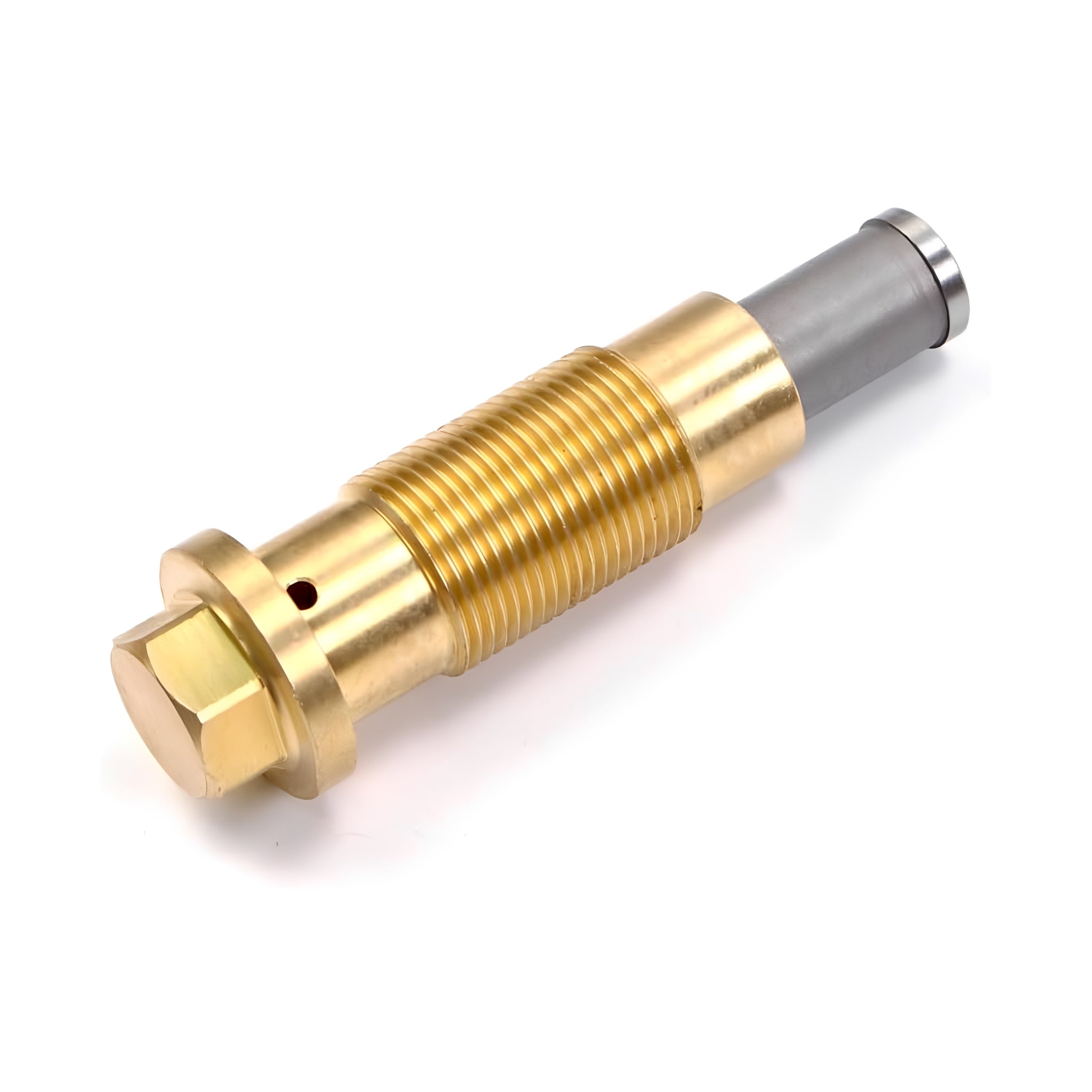 Timing chain tensioner bolt with gold threaded shaft and silver metal housing