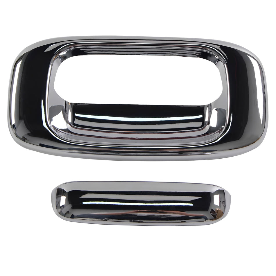 Chrome tailgate handle cover frame and slim insert, oval bezel with reflective surface