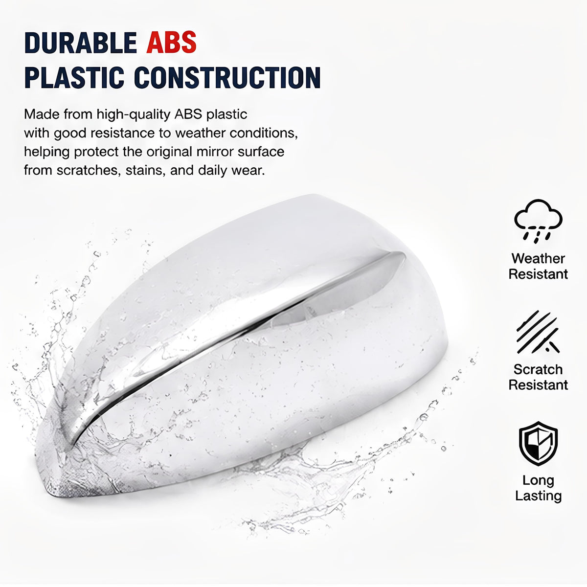 Chrome top half mirror cover made of ABS plastic, weather and scratch resistant