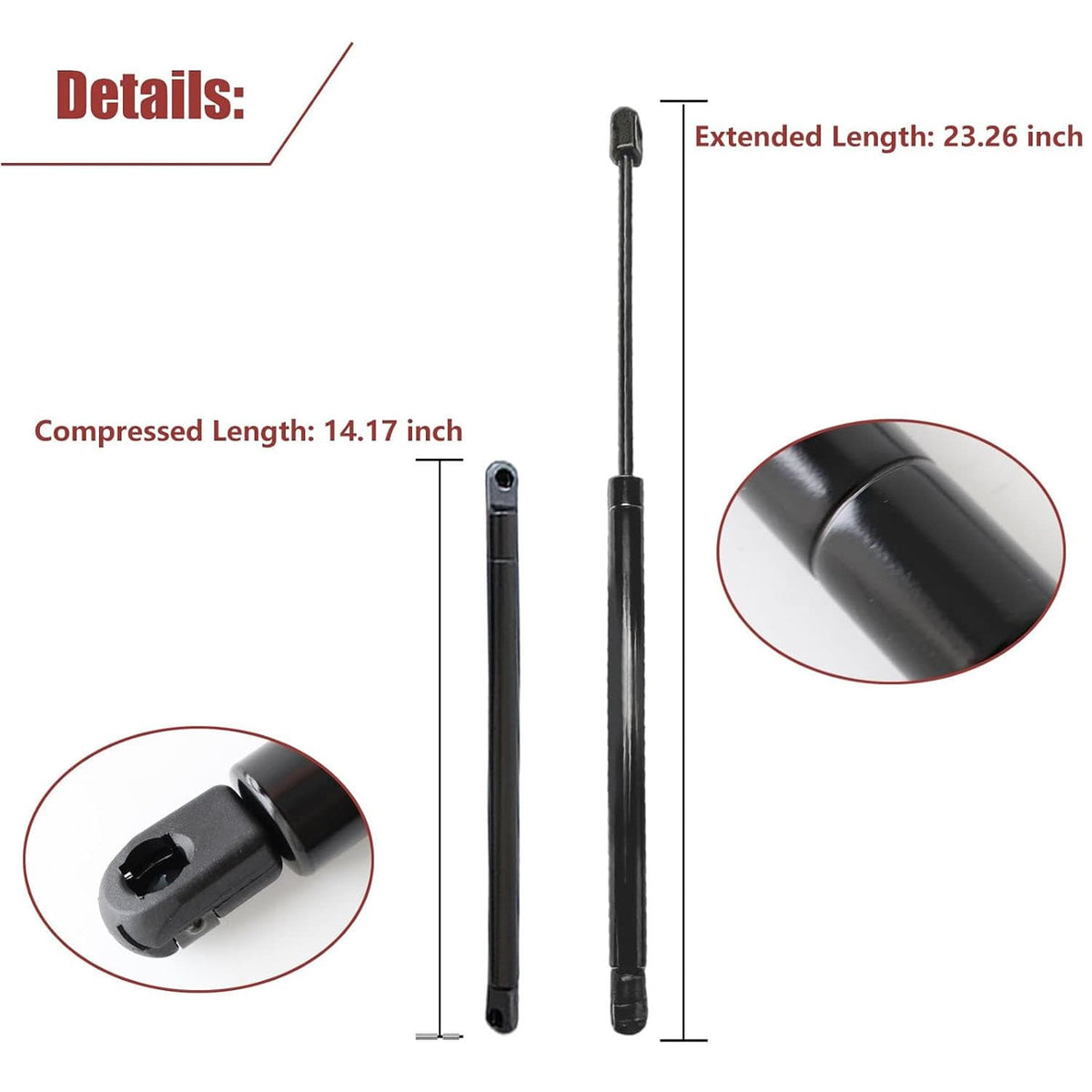 Trunk lift support rods showing compressed and extended length ends