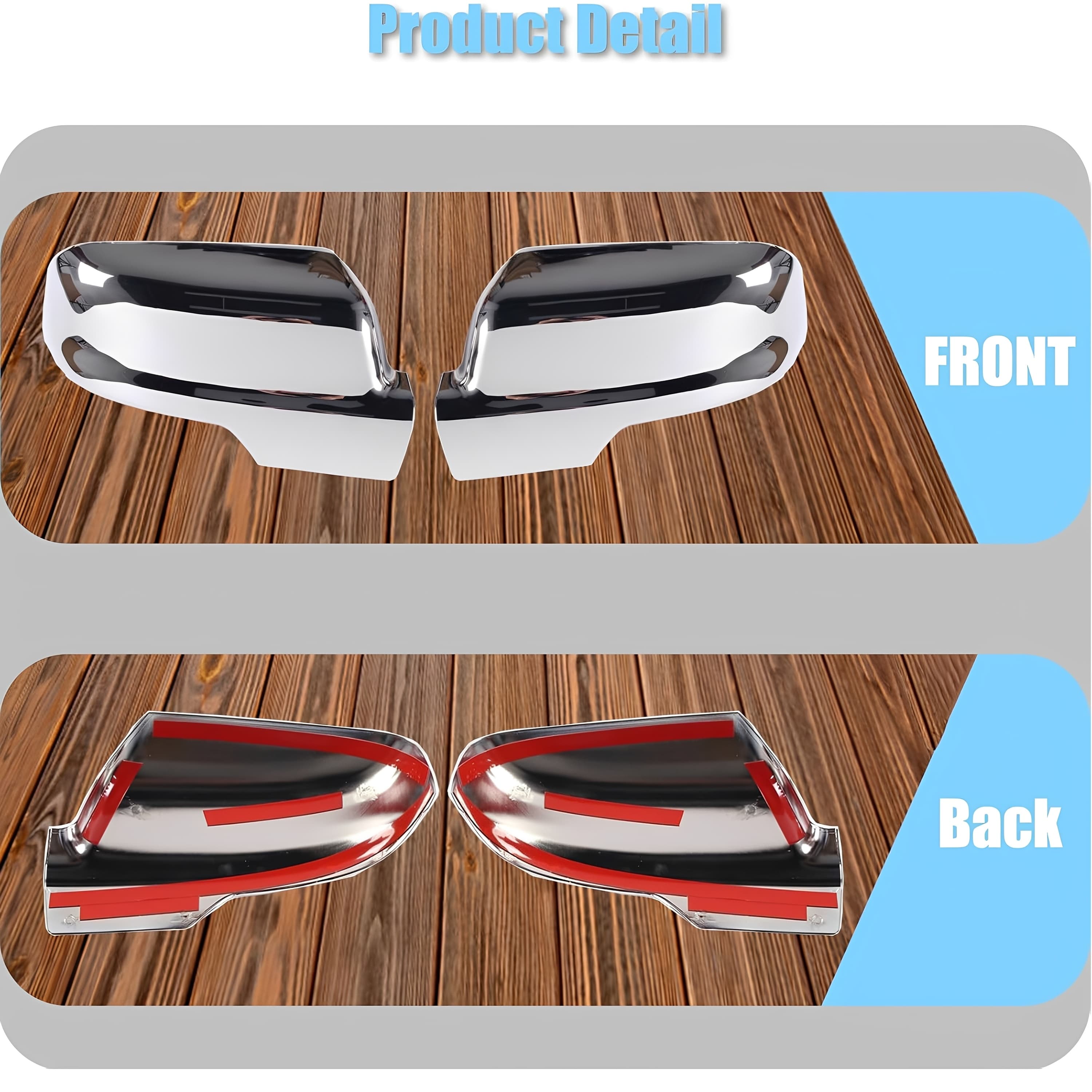 Chrome mirror cap covers front and back pieces, product detail on wood surface.