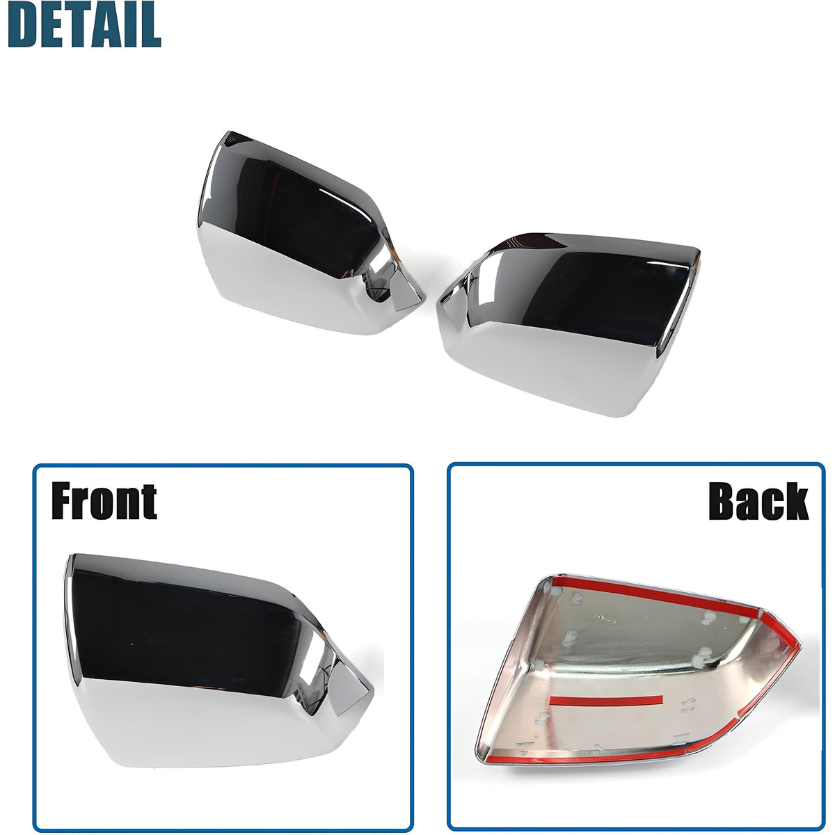Chrome side mirror cover set shown front and back with dark reflective insert