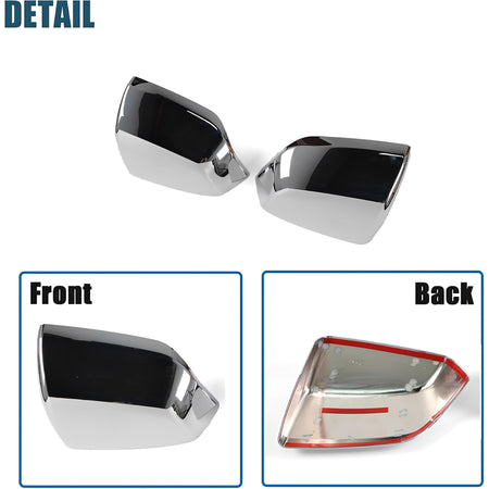 Chrome side mirror cover set shown front and back with dark reflective insert