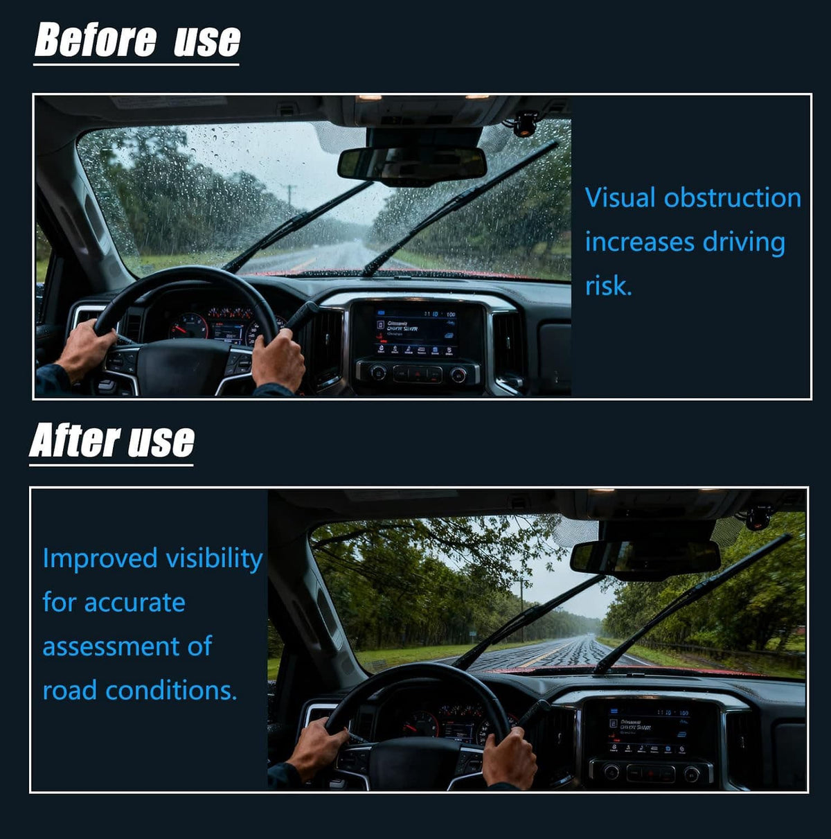 Windshield wiper blades improving visibility on a car windshield