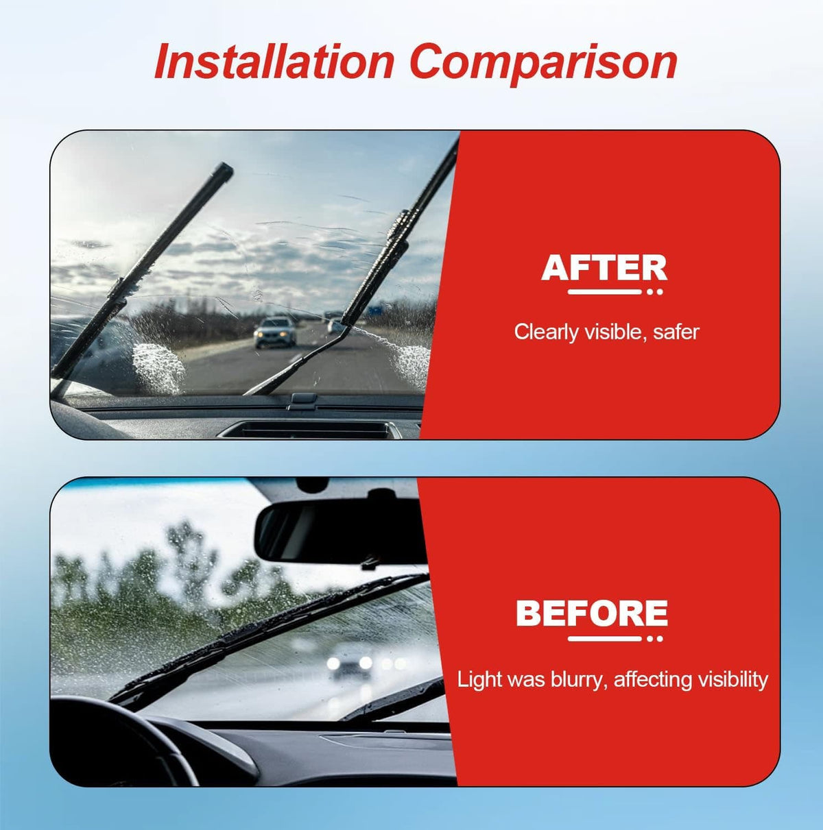 Car windshield with wiper blades shown for wiping performance, split layout