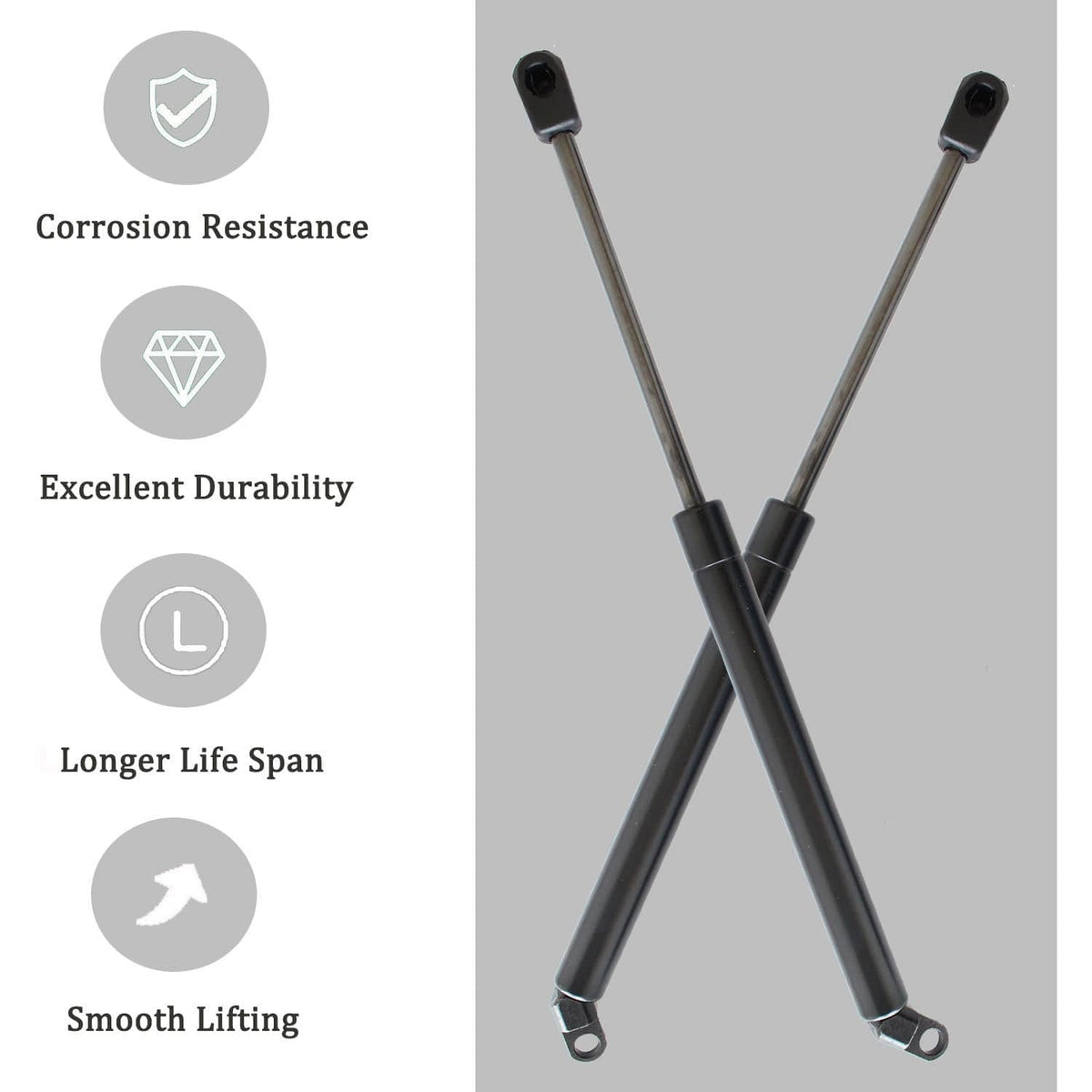 Trunk lift support pair shown crossed: black cylinders with top end brackets.