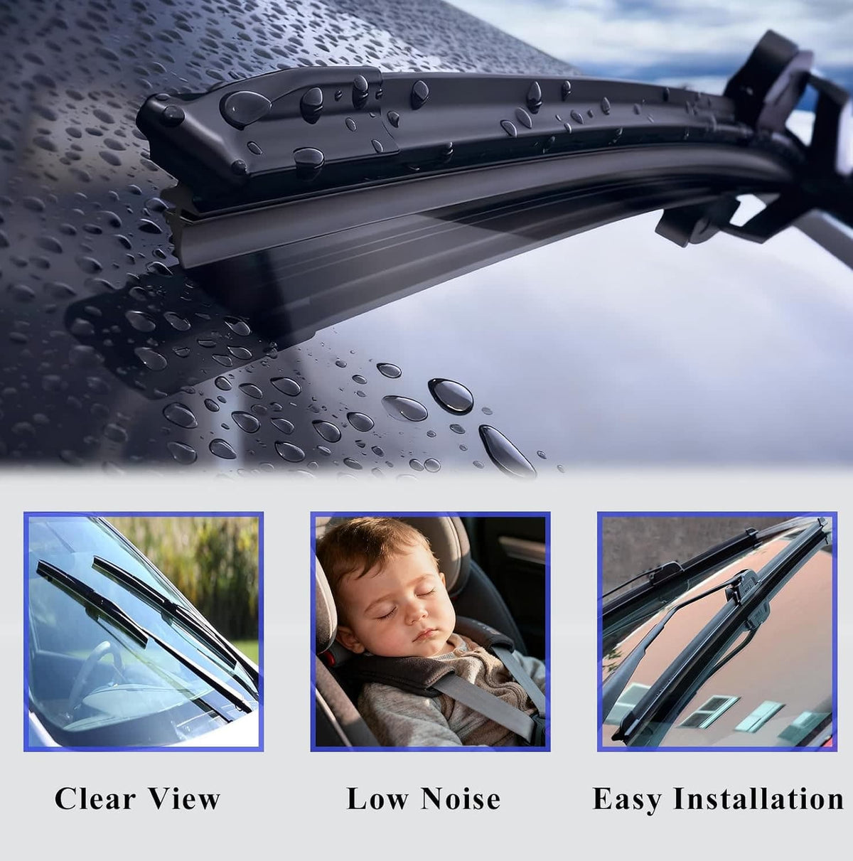 Windshield wiper blade close-up with dark rubber squeegee and water droplets on glass