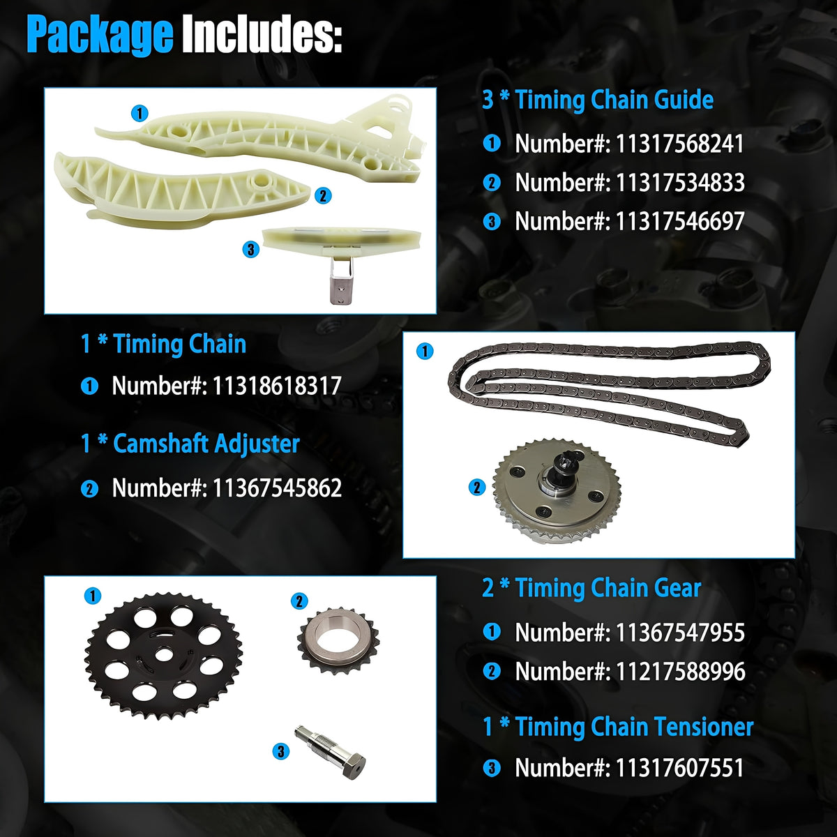 Timing chain kit contents: chain, sprockets, camshaft adjuster, guides, and tensioner