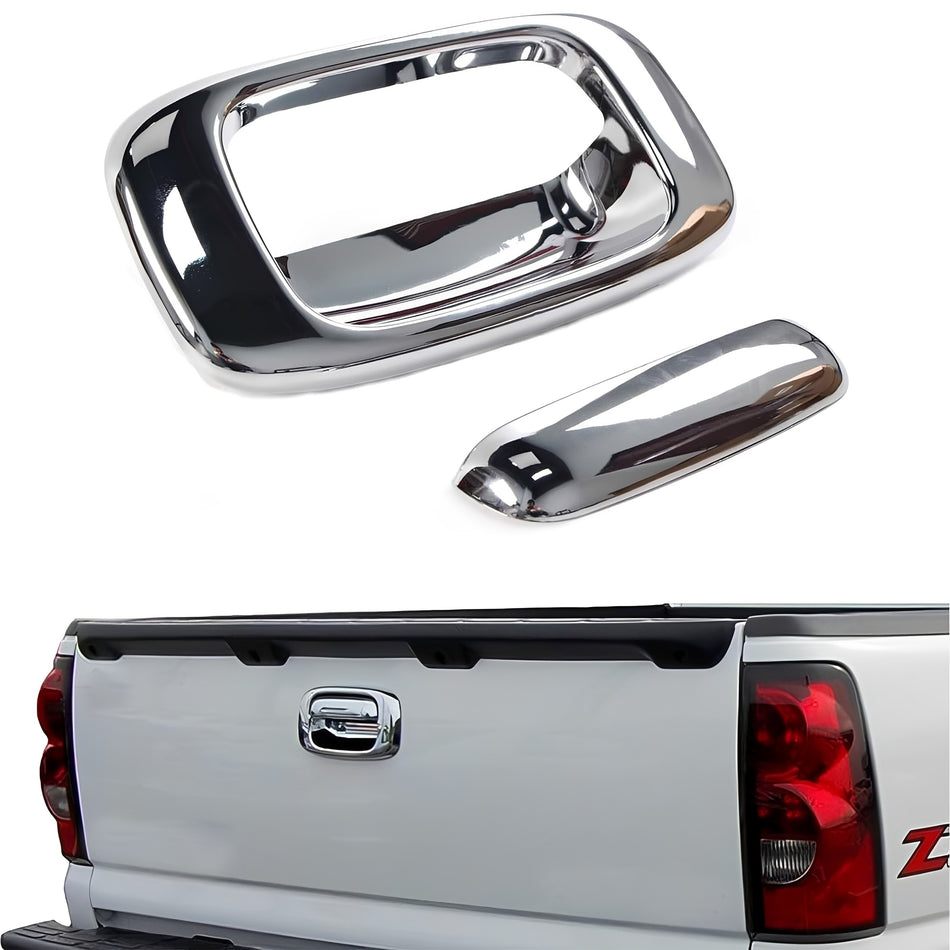 Chrome tailgate handle cover bezel with glossy insert, shown with rear tailgate fitment
