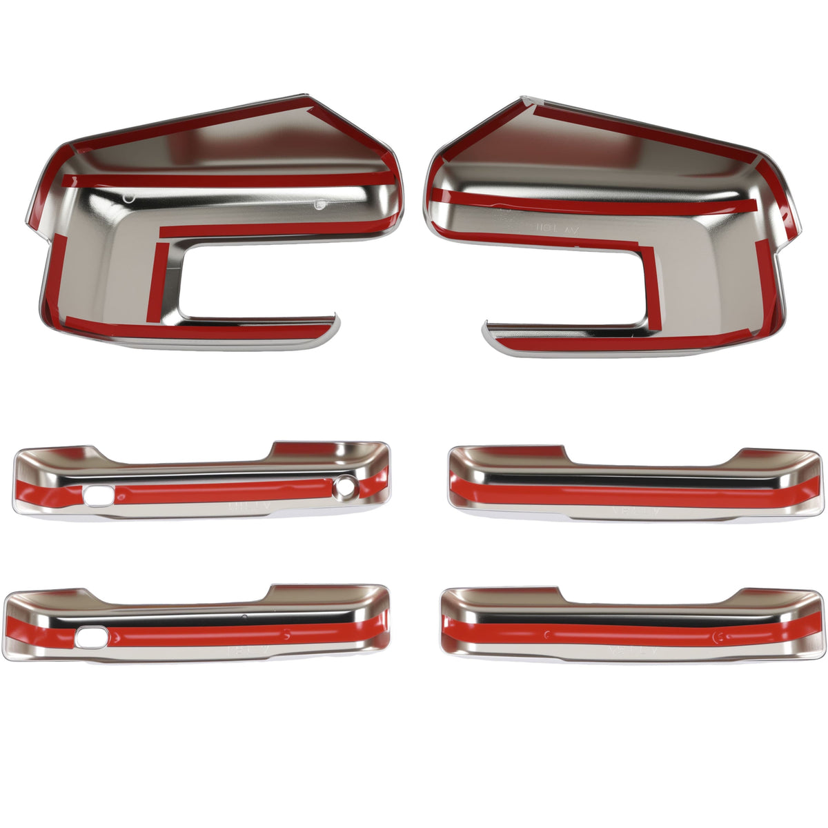 Chrome door handle cover trims with red backing layers for fitment