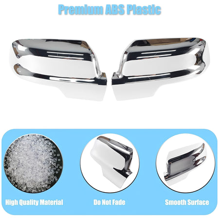 Chrome ABS plastic mirror cap covers, smooth reflective finish, pair shown.